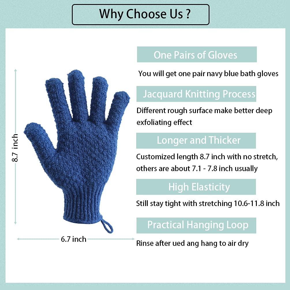 Shower Exfoliating Gloves for Bath - Large Heavy Body Exfoliating Glove Scrubber for Scrubbing, Remove Dead Skin, Exfoliator (Navy Blue Exfoliating Gloves)
