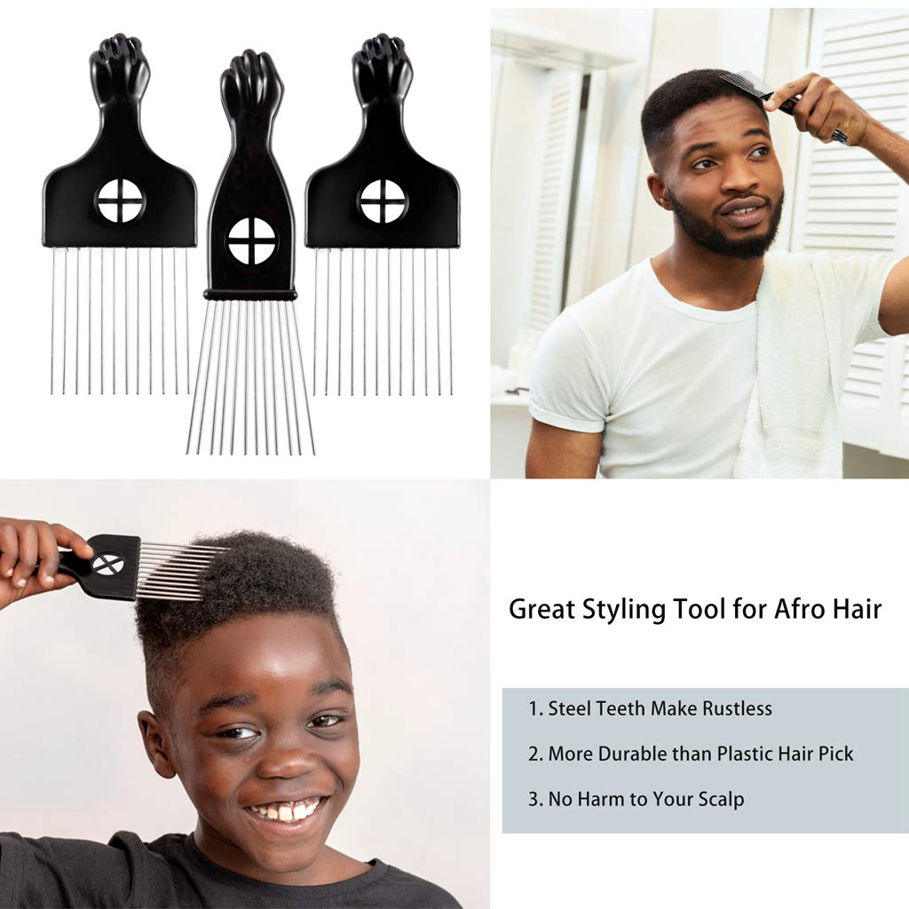 3 Pack Metal Afro Lift Comb - Wide Tooth for Men's and Women's Curly/Textured Hair, Detangling Tool for Wigs, Braids, and Styling