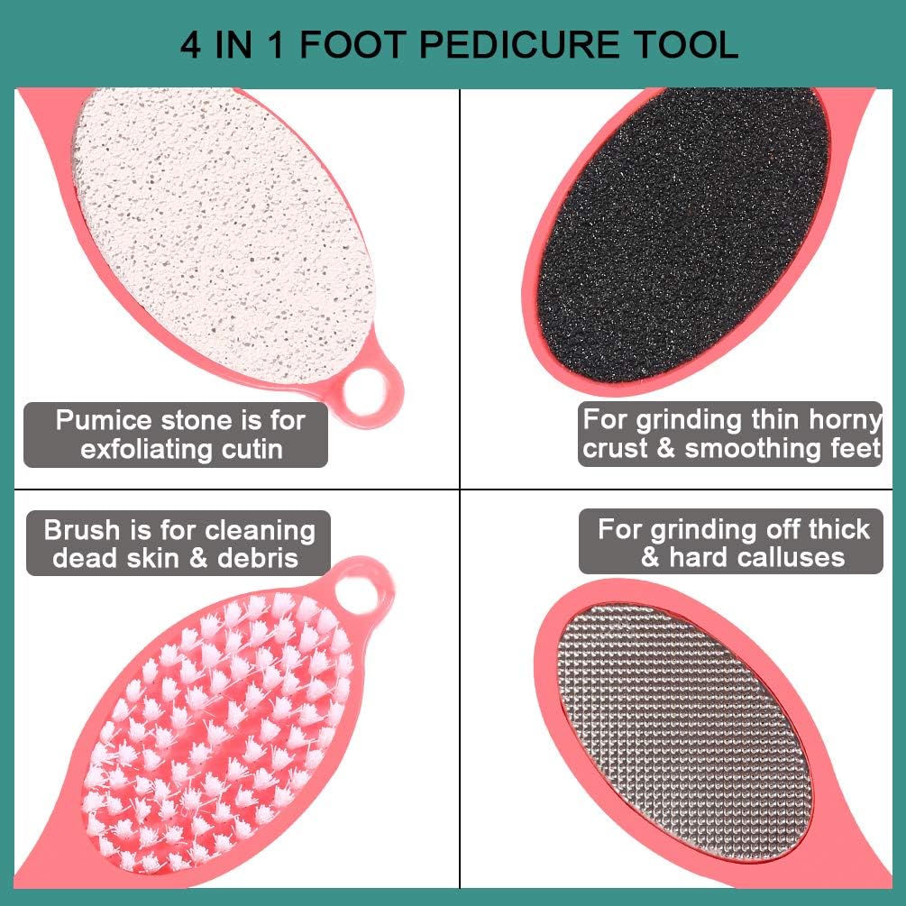 Foot File Callus Remover - Multi Purpose 4 in 1 Feet Pedicure Tools with Foot Scrubber, Pumice Stone, Foot Rasp and Sand Paper for Home Foot Care (Red Pedicure Foot File)