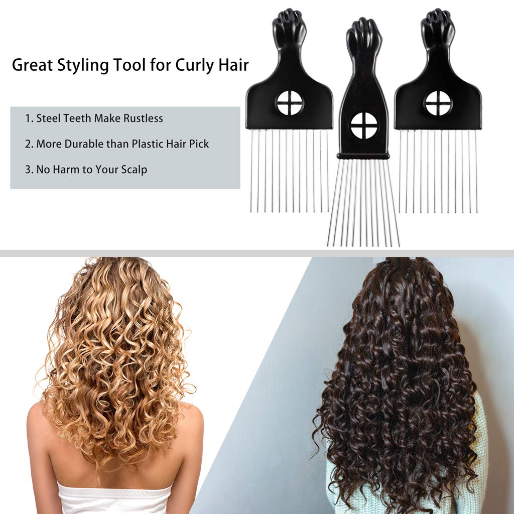 3 Pack Metal Afro Lift Comb - Wide Tooth for Men's and Women's Curly/Textured Hair, Detangling Tool for Wigs, Braids, and Styling